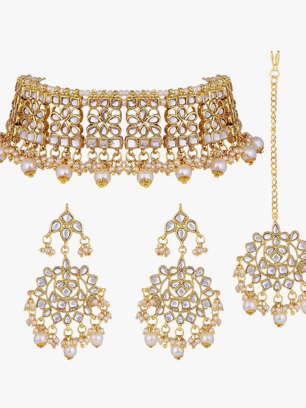 New Aheli Faux Kundan Choker Necklace Maang Tikka Set for Women Wedding Wear Fas